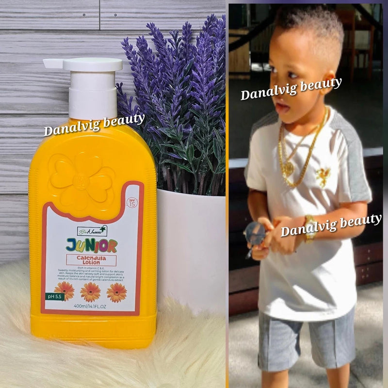 BioNature junior calendula body lotion bottle, yellow sunflower design with white label