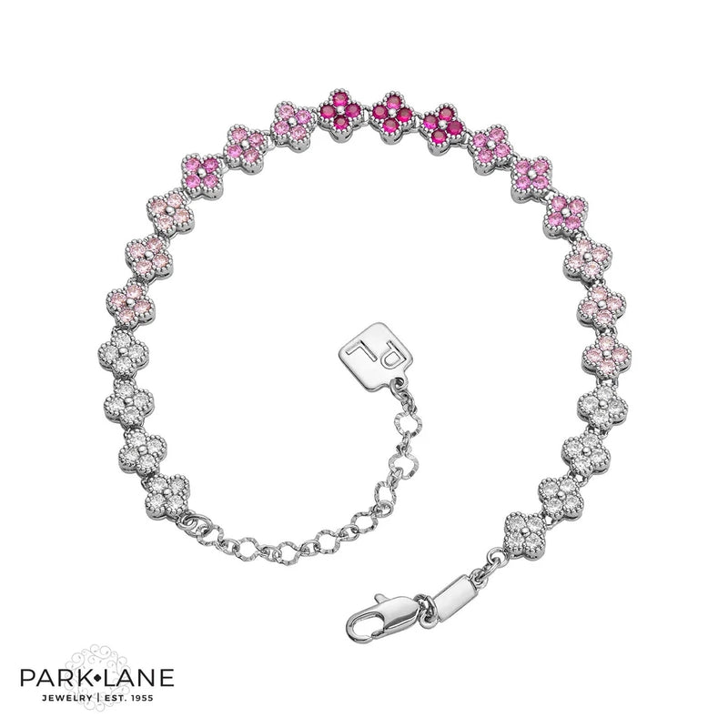 Peony pink and purple quatrefoil tennis bracelet with clear stones, hinged clasp
