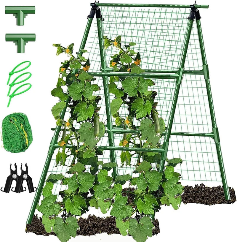 Green metal arched trellis with grid panels and tall legs for climbing plants