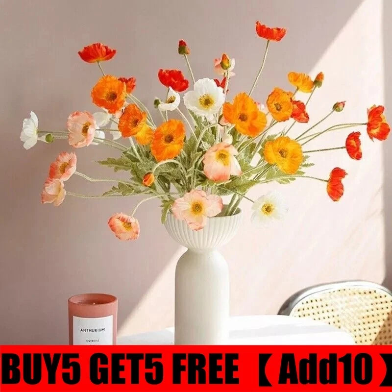 Artificial poppy flower stem bouquet with orange and pink blooms in white vase