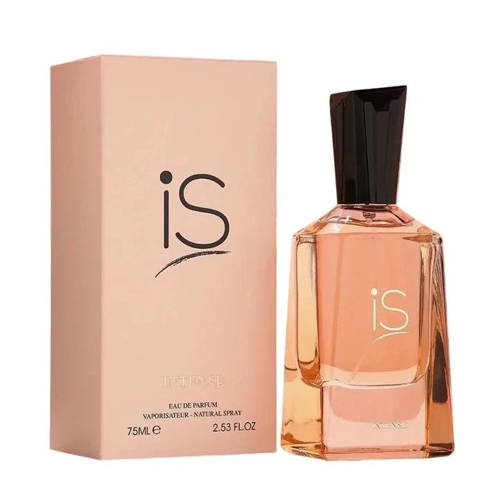 IS Intense EDP perfume bottle with amber glass and black cap, with 75 ml box
