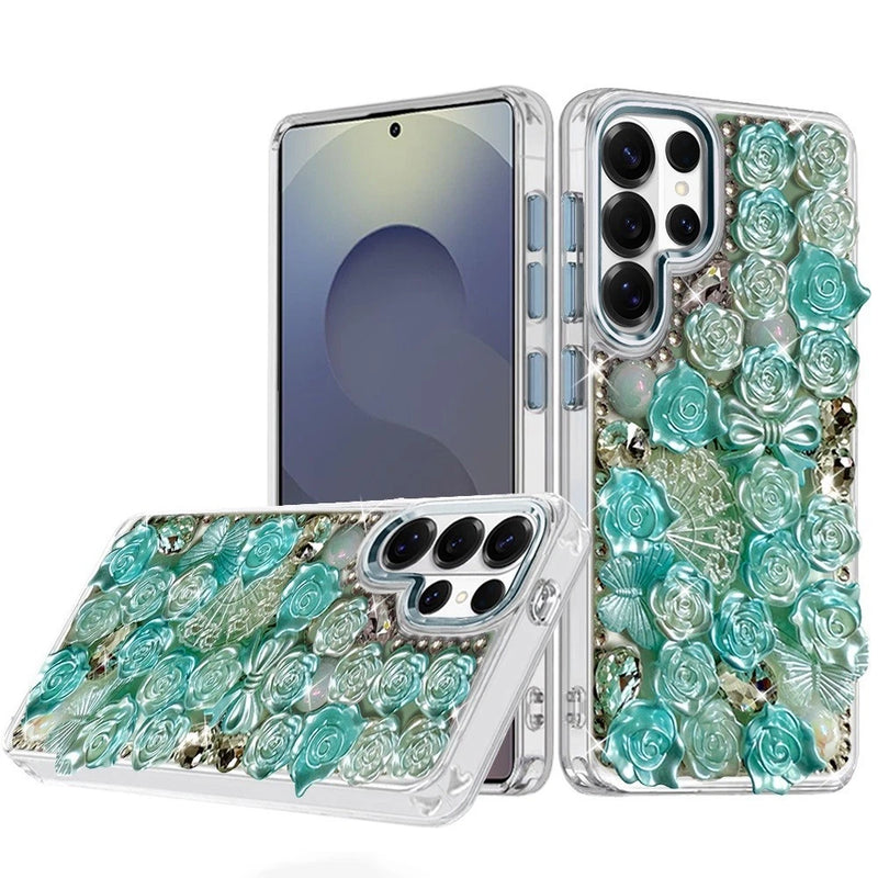 Samsung S25 Ultra phone case with teal 3D rose embellishments, clear bumper edges
