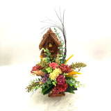 Handmade Willow Birdhouse Flower Arrangement w/ Silk & Dried Flowers Green Plant