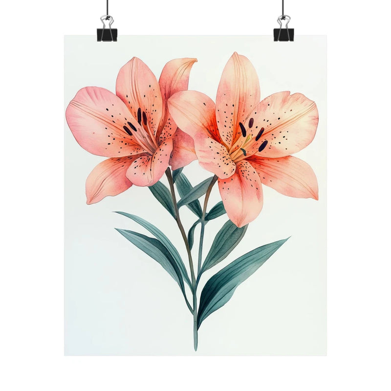 Pink lily floral art print poster with two blooms and green leaves on light background