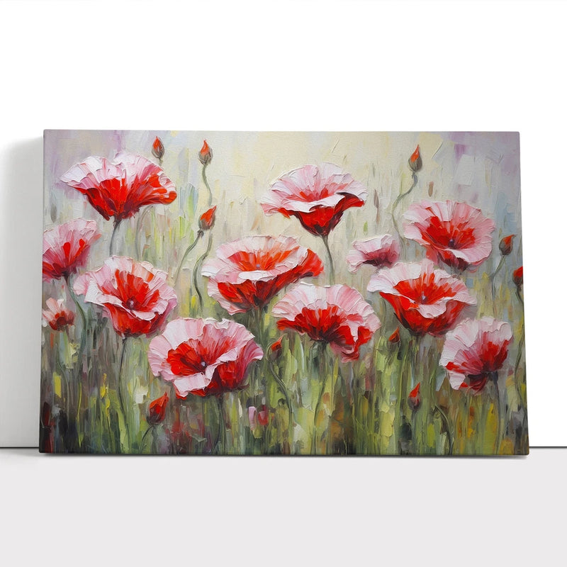 Framed canvas wall art print with red and pink flower impression design