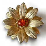 Gold Flower Brooch Amber Rhinestone Sunflower Motif Articulated Petals Vintage Sunflower