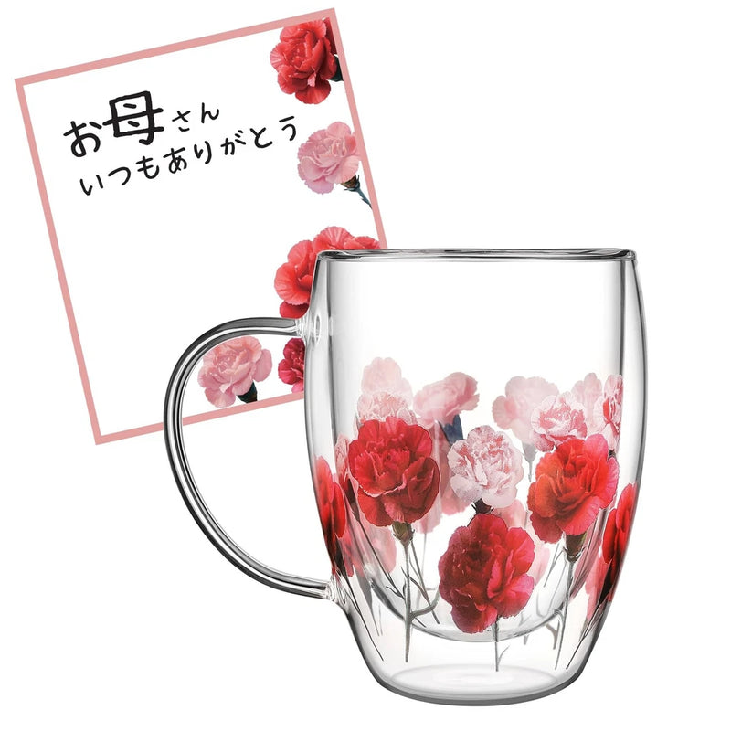 Double-wall glass mug with red and pink carnation flower print, curved handle