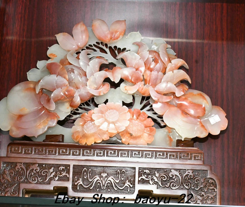 Chinese jade peony flower statue, hollow-carved petals with pink and white detail