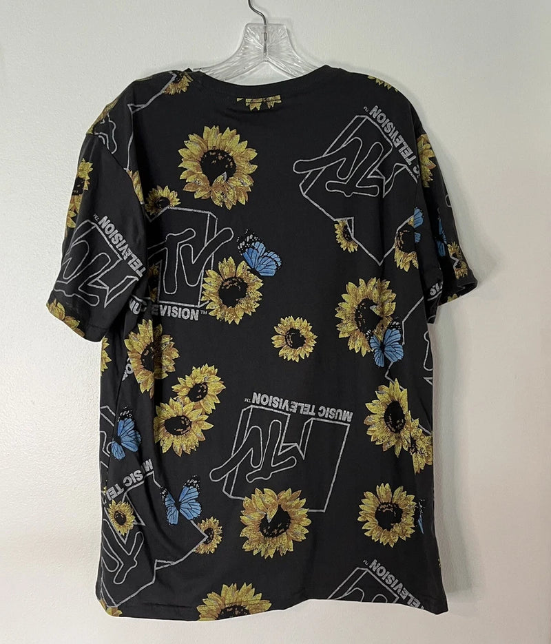 MTV T Shirt L Sunflower Butterfly Music Television Mens  Flower Black Summer NEW Sunflower