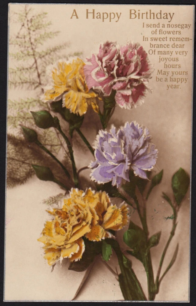Vintage happy birthday postcard with colorful carnations bouquet