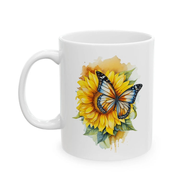 White ceramic coffee mug with sunflower floral design and blue butterfly
