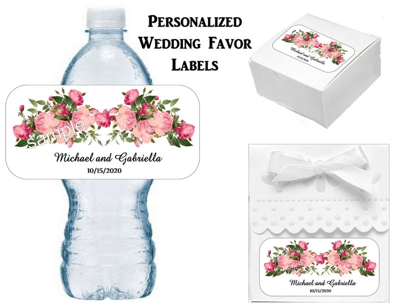 Personalized wedding favor labels with blush pink floral roses and peonies, oval stickers