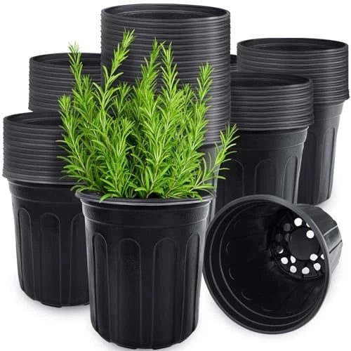 Set of black 1-gallon flexible nursery pots, stacked, with drainage holes