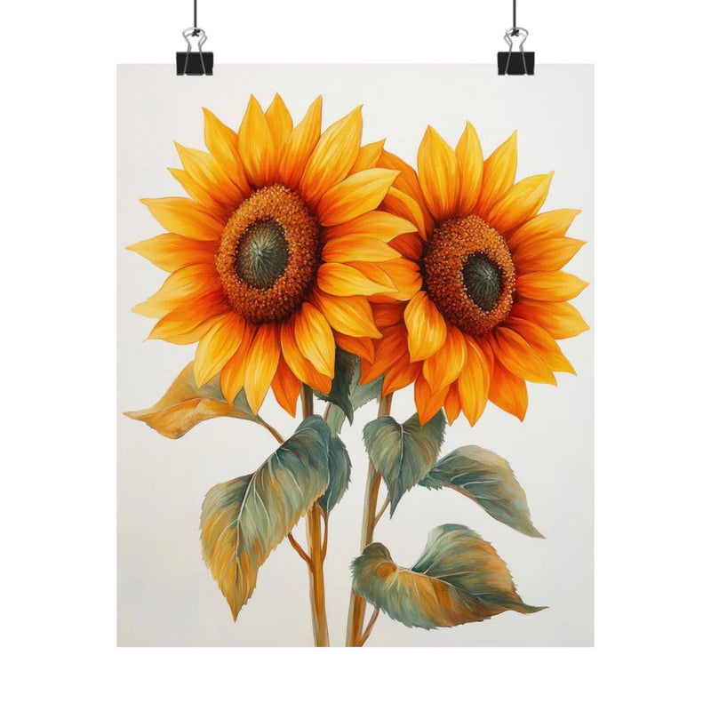 Minimalist art print poster with two bright orange sunflowers and green leaves