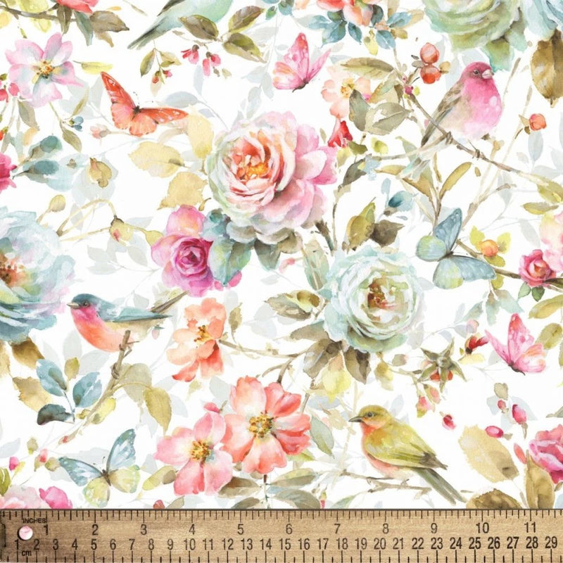 Floral Birds Butterflies - David Textiles Cotton Fabric (1 Yard, Pre-Cut) Flowering Plants