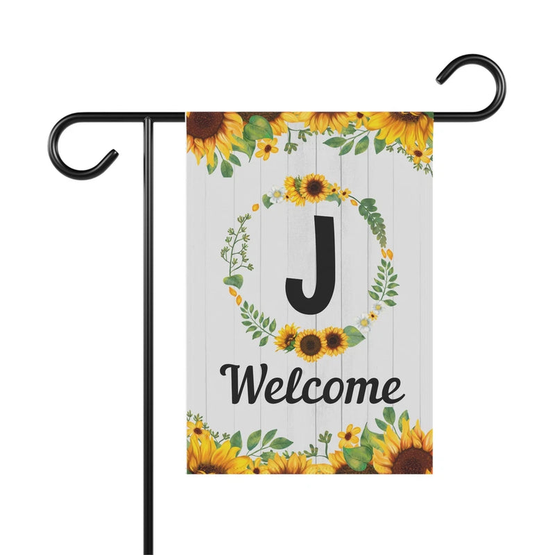 Personalized garden flag with sunflower wreath, letter J, and Welcome text