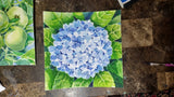 Blue Hydrangea Watercolor 8x8 . Original Signed Painting by Mayte Sosa. Hydrangea