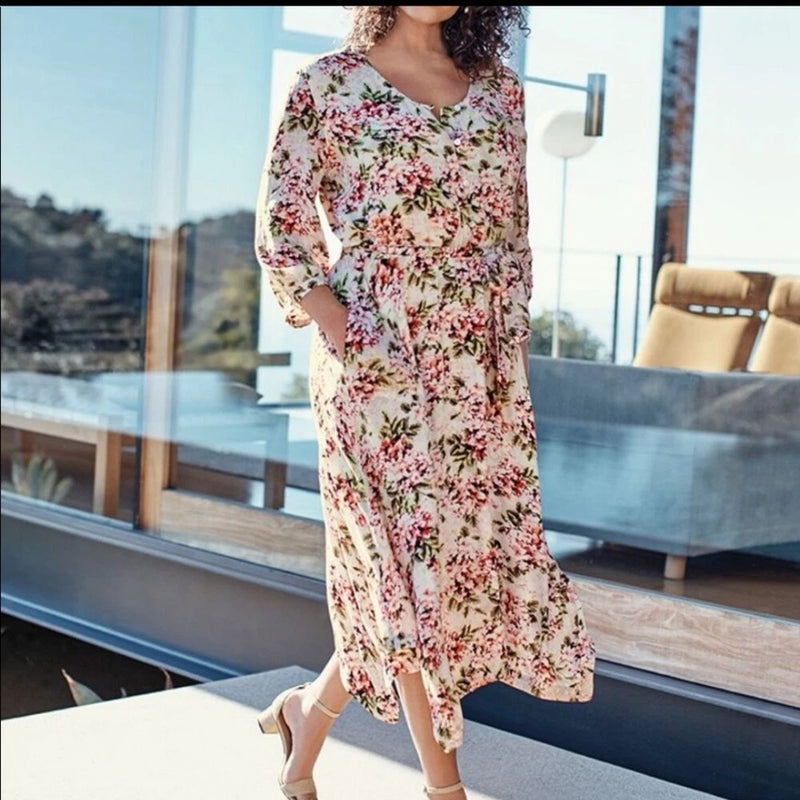 J. Jill Women's Pebble Hydrangea Floral Print Dress Size Small Petite Hydrangea