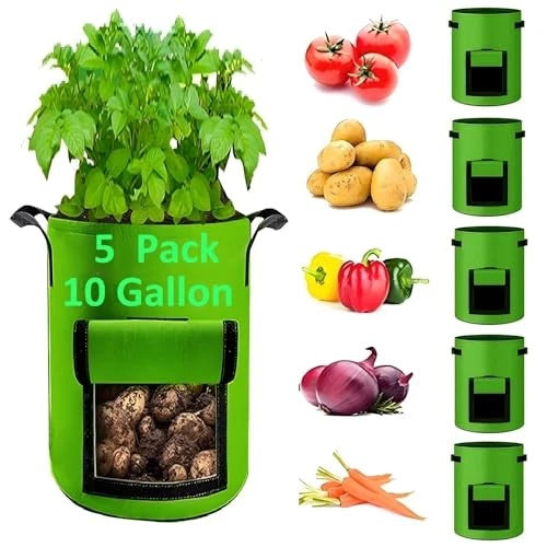 Potato Grow Bags,(5 Pack 10 Gallon) Garden Vegetables Growing Planter Green Garden Plants