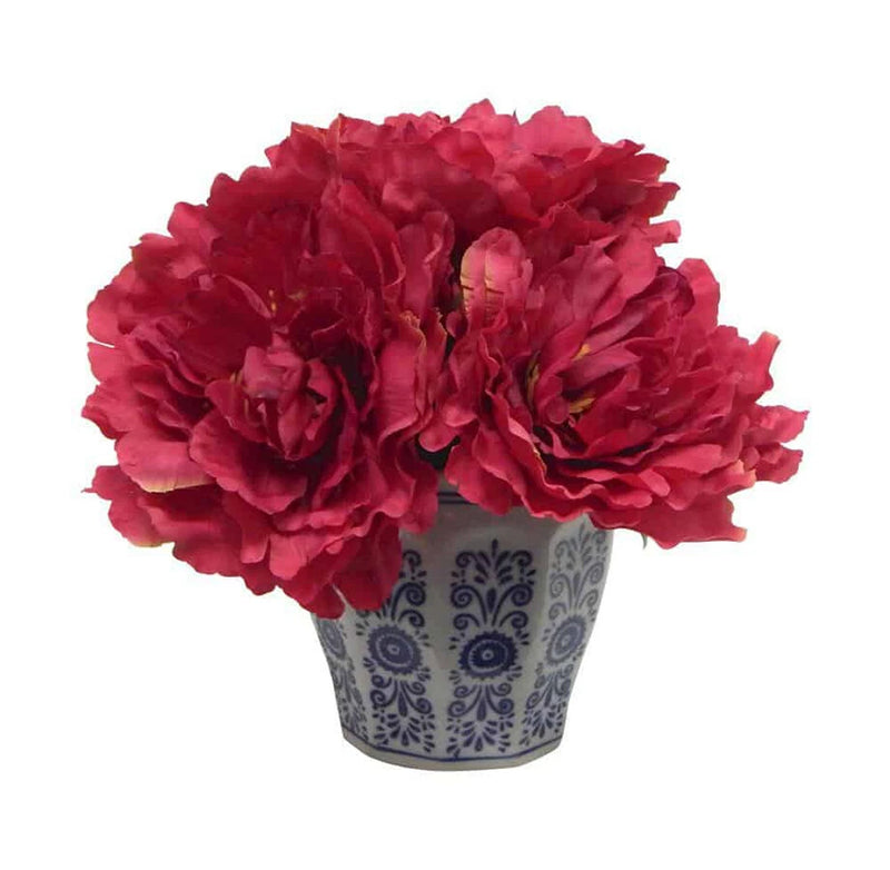 Burgundy faux potted peony with full red blooms in blue pattern pot