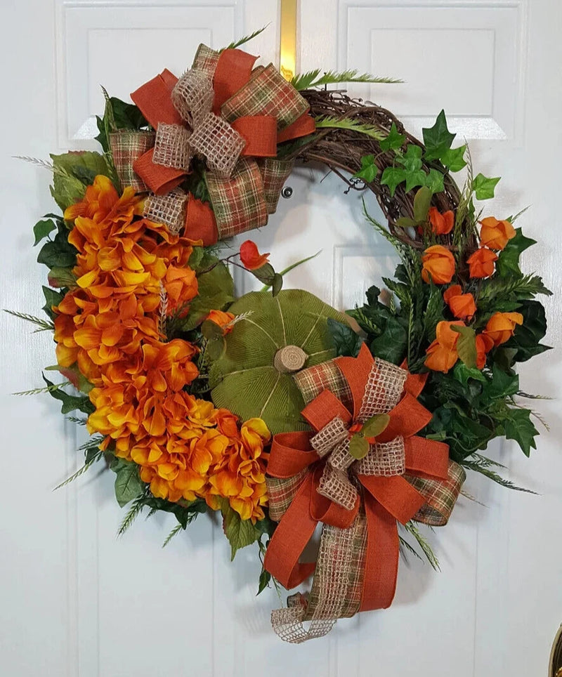 Hydrangea Pumpkin Wreath, Orange Hydrangea&Chinese Lantern Wreath, Green Pumpkin Ranunculus