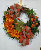 Hydrangea Pumpkin Wreath, Orange Hydrangea&Chinese Lantern Wreath, Green Pumpkin Ranunculus