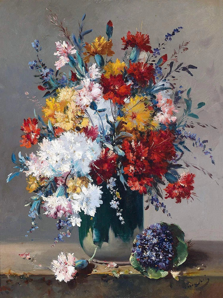 Floral bouquet tile mural with colorful flowers in a glass vase