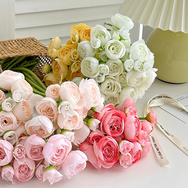Artificial Rose Bouquet Small Camellia Bride Bridesmaid Holding Flower Decor US Ranunculus