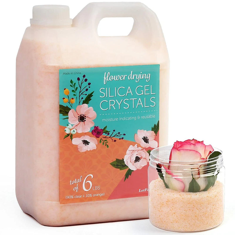 Flower drying silica gel crystals in clear jug and small jar, total 6 lbs, with flower label