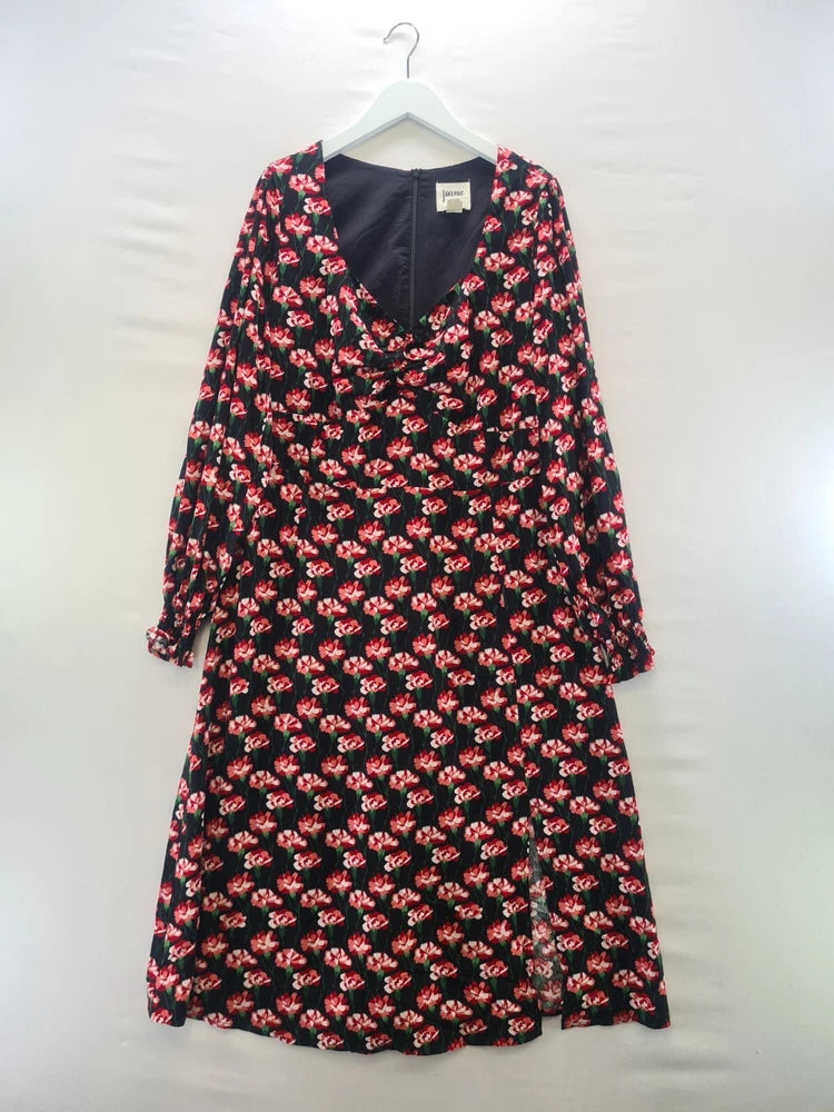 Joanie Midi Dress Size 14 Black Floral Tea Long Sleeve V Neck Wrap Carnation Carnation