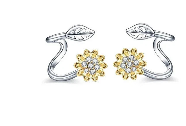 Sunflower stud cuff earrings with silver-tone leaf cuffs and gold-tone flower with clear stones