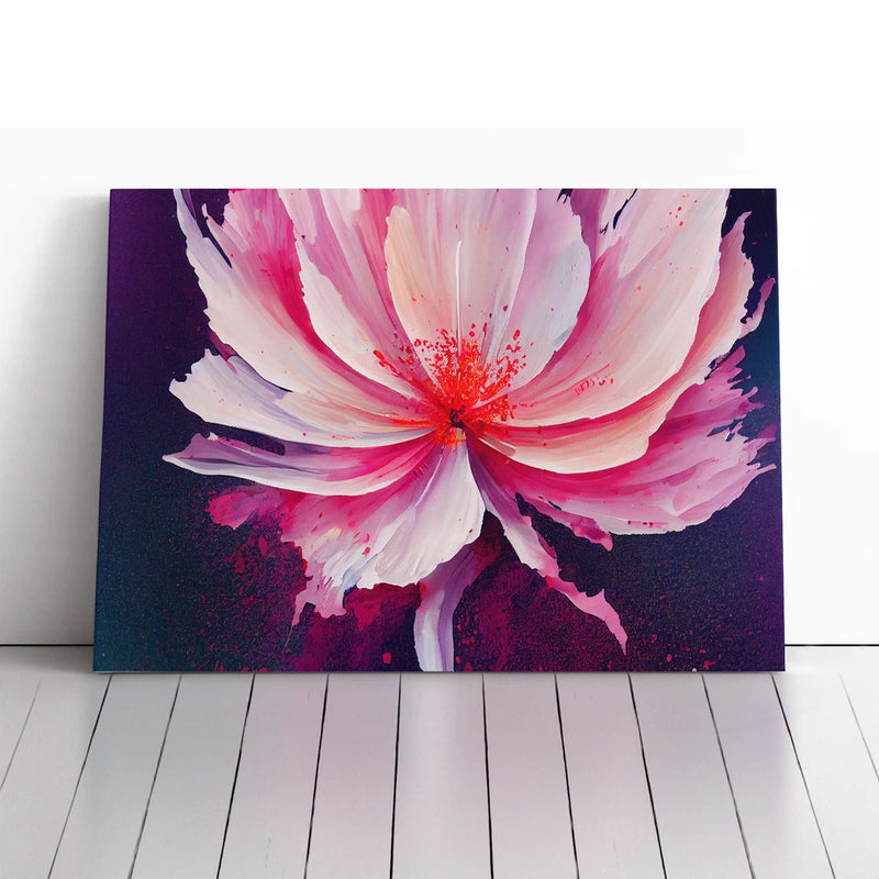 Framed abstract canvas wall art with large pink-and-white carnation flower