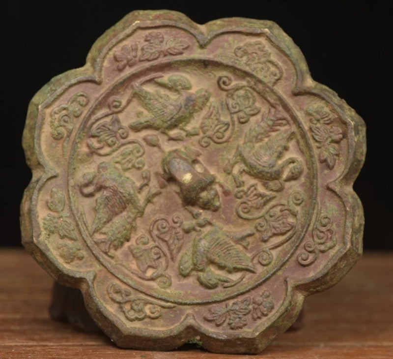 Old Chinese bronze Flower and bird patterns Sunflower shaped bronze mirror Sunflower