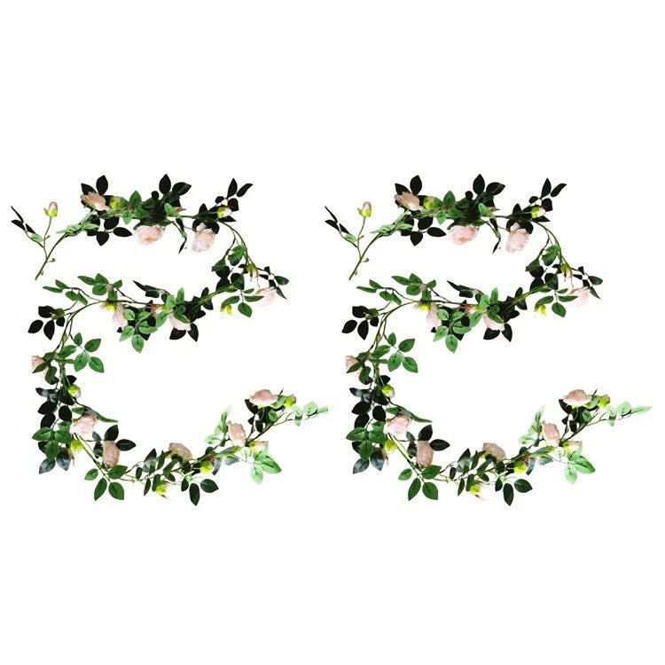 Set of 2 silk peony vine wreath garlands with green leaves and pink flowers