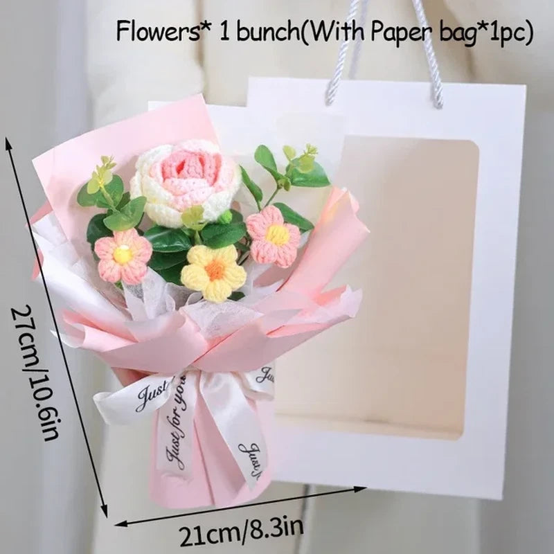 Pastel crochet artificial flower bouquet with paper wrap and ribbon bow