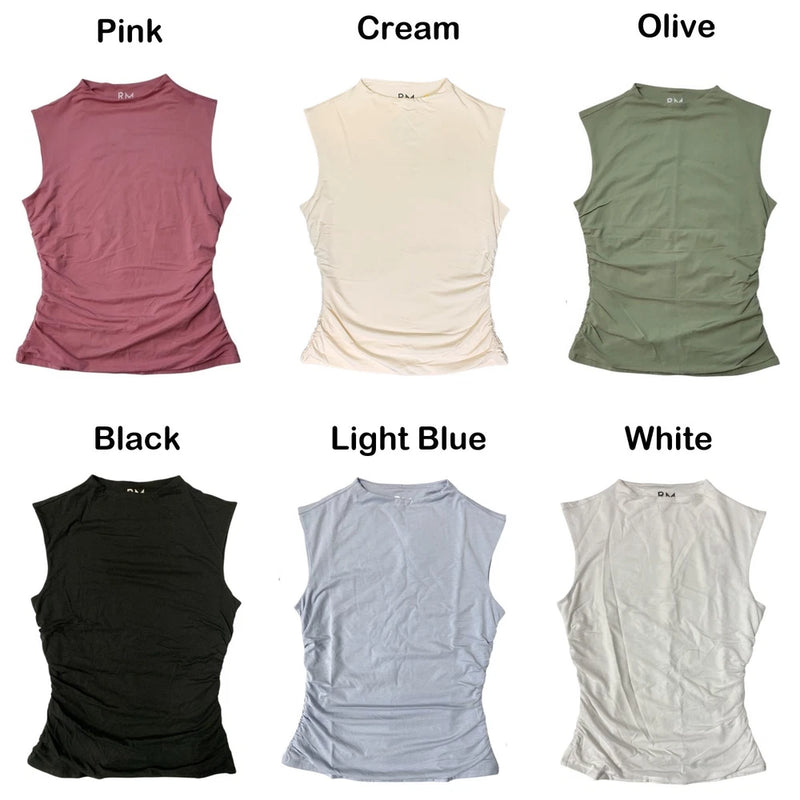 Women’s soft mock neck tank top, sleeveless, curved hem, shown in multiple colors