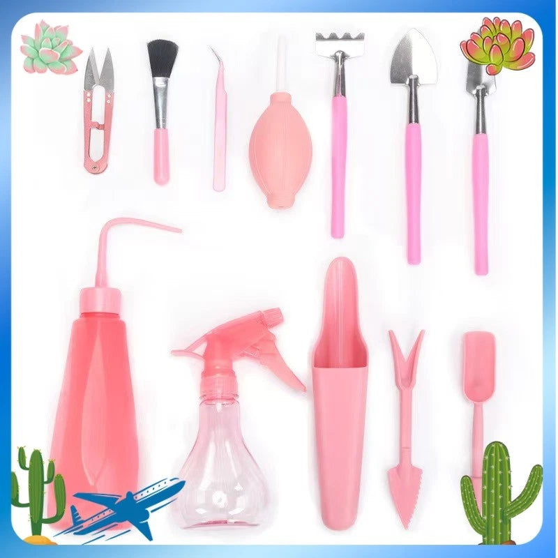 Pink mini plant care tool set with hand trowel, pruners, brush, and spray bottle