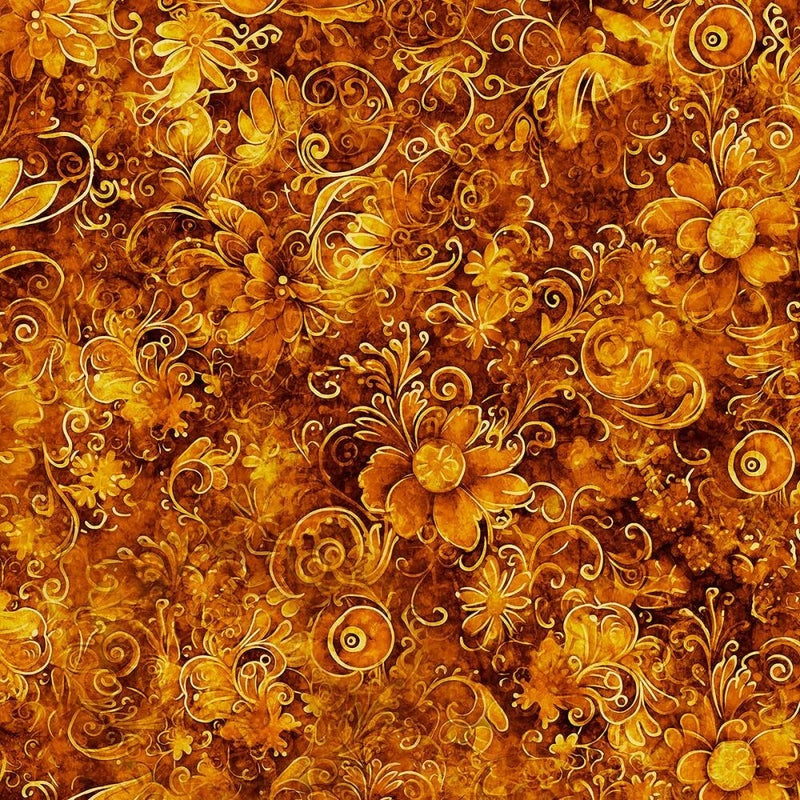 Queen's Garden 108-inches Quilter's Cotton Fabric By the Yard #14 Brown Gold Flowering Plants