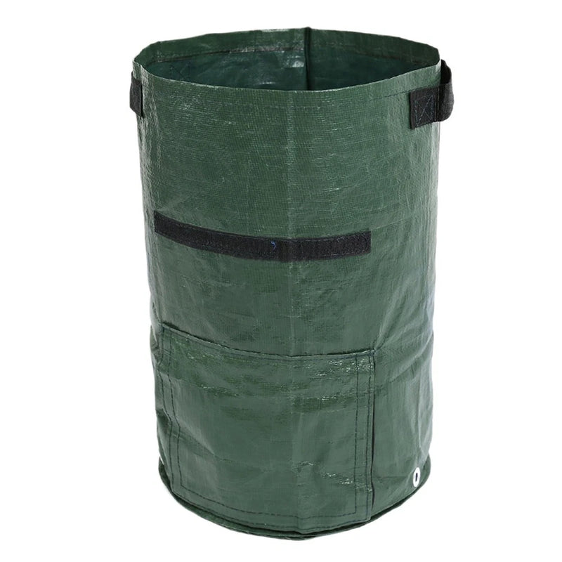 Dark green fabric planting grow bag with black strap carry handle and reinforced seam