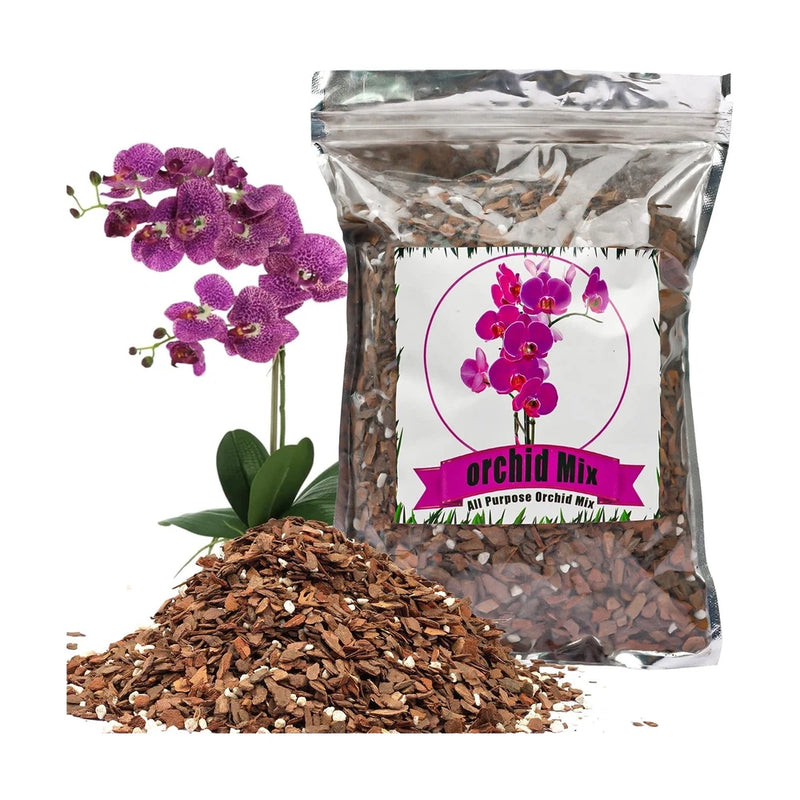 Orchid potting mix bag with pine bark and perlite, shown with loose bark pieces