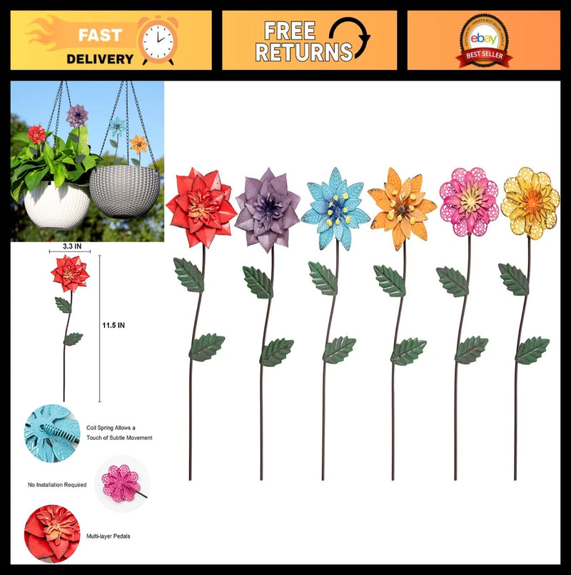 6 Pack Metal Flower Garden Stakes - Outdoor Yard Art, Weatherproof Decor for Law Garden Plants