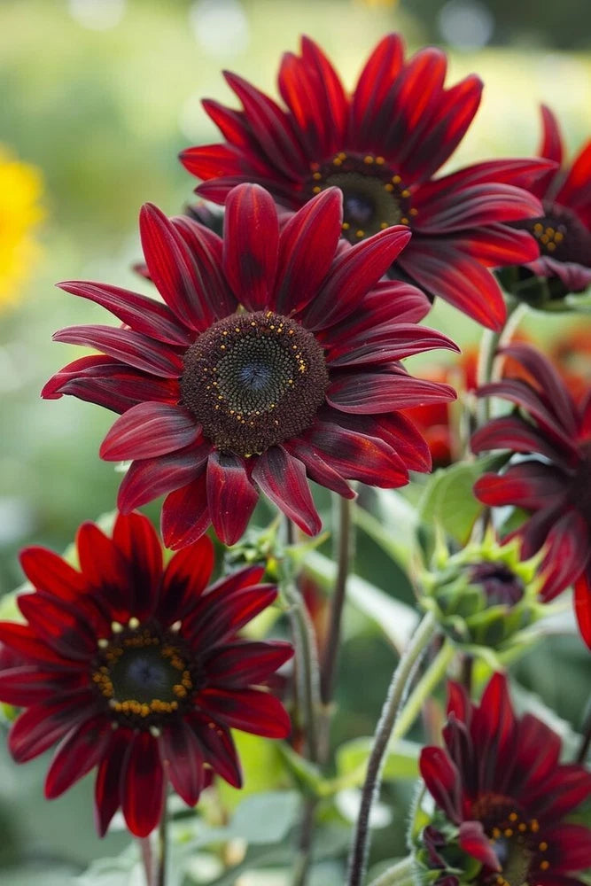 Ornamental sunflower with deep red cherry petals and dark center, outdoors garden view