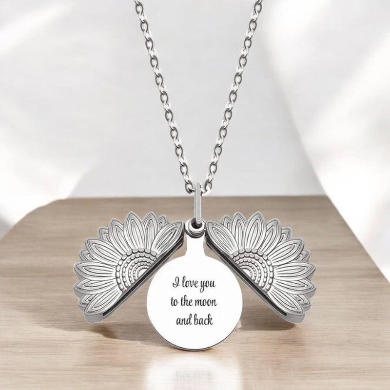 Sunflower locket necklace with heart-shaped pendant, engraved message, silver chain