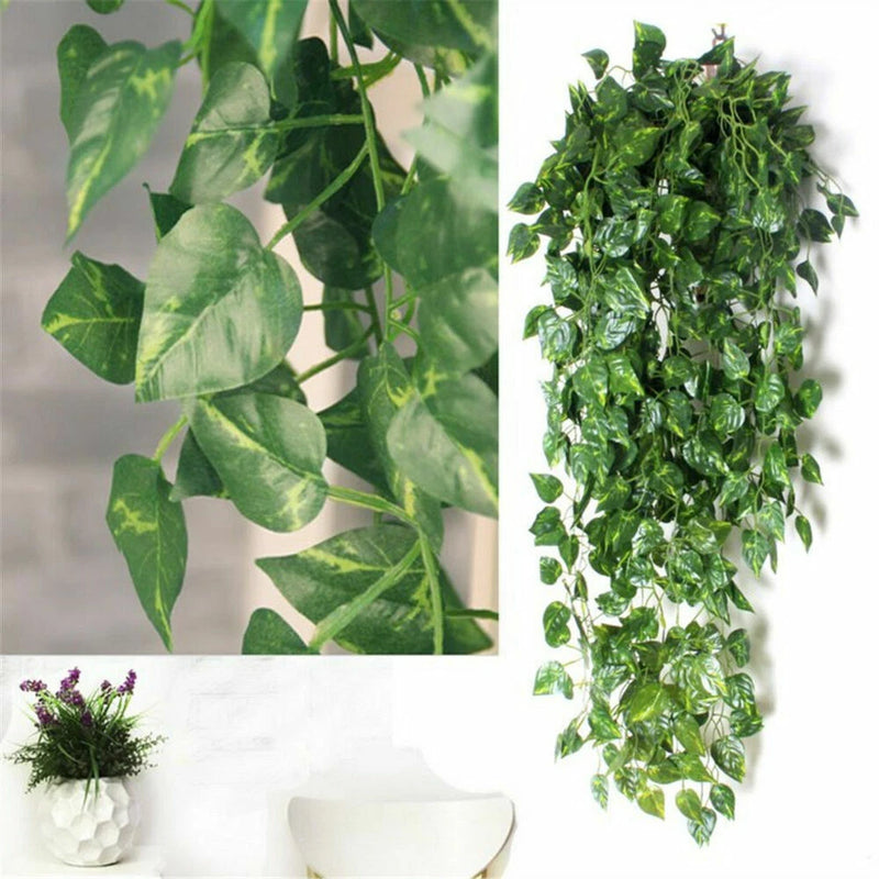 Hanging faux ivy vine with dense green plastic leaves for indoor decoration