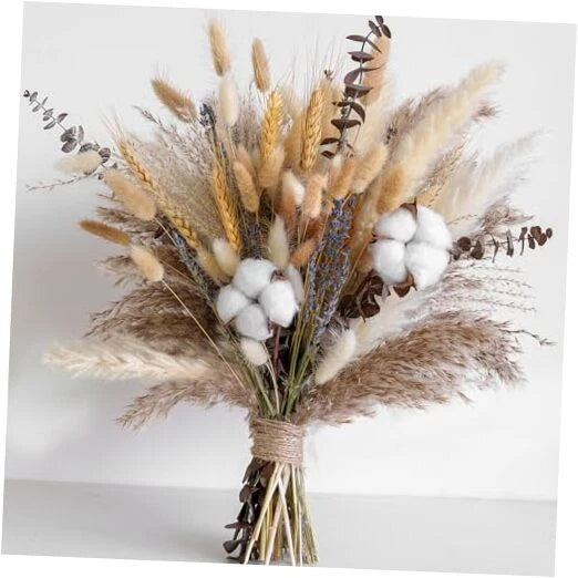 Natural dried flower bouquet with pampas grass, cotton stems, bunny tails, tied bundle
