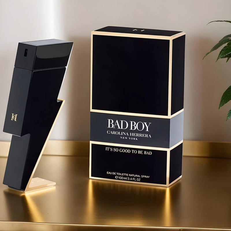 Men's perfume gift box with black and gold trim, featuring BAD BOY branding