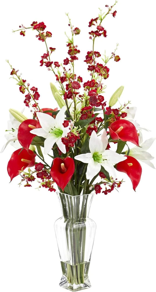 Vibrant Red Calla Lily & Cherry Blossom Silk Flower Arrangement Lily