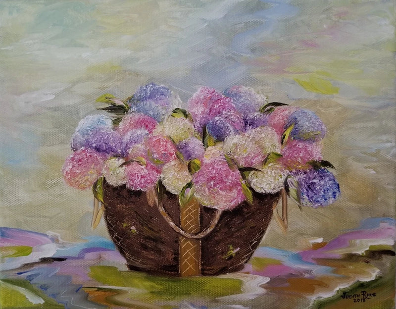 original oil painting flowers hydrangea impressionism basket canvas signed art Hydrangea