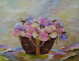 original oil painting flowers hydrangea impressionism basket canvas signed art Hydrangea