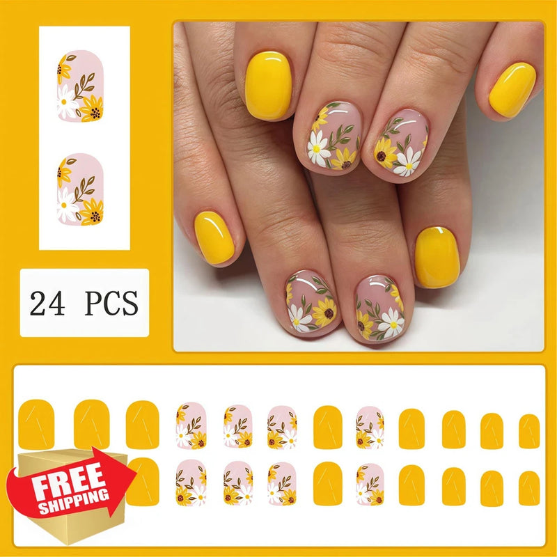 24-piece short square press-on nails with yellow solid tips and sunflower floral designs